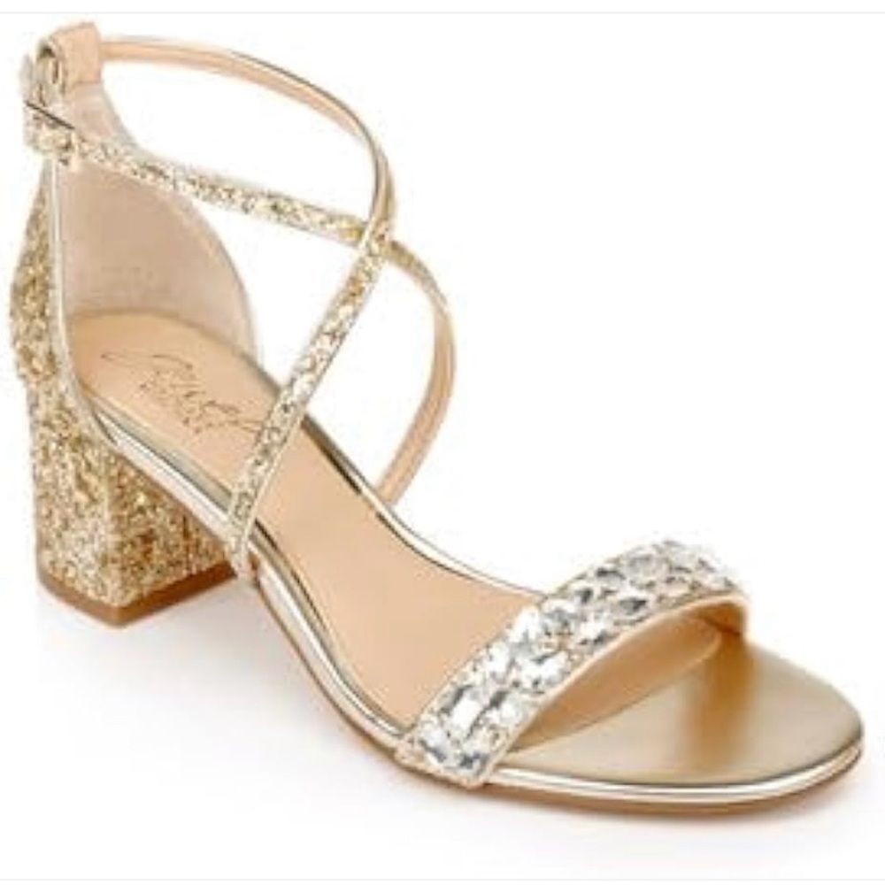 NEW Jewel Badgley Mischka Claudia Gold Glitter Evening Block Heel Sandal 8